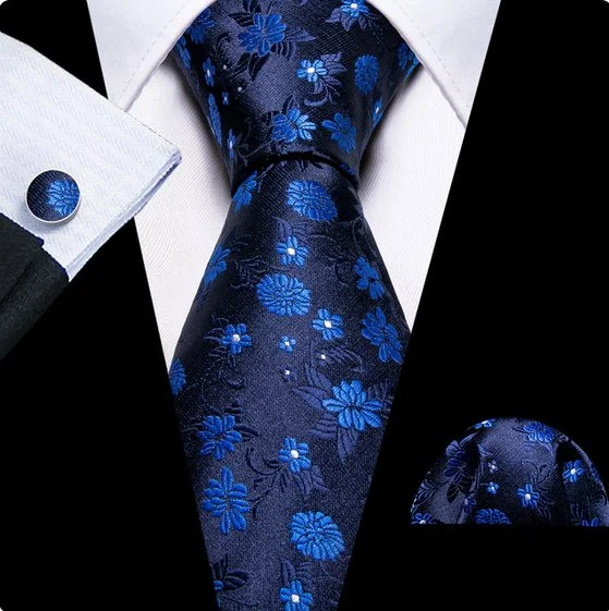 Set cravata bleumarin + batista + butoni - matase - model 689