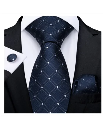 Set cravata bleumarin cu alb + batista + butoni - matase - model 128
