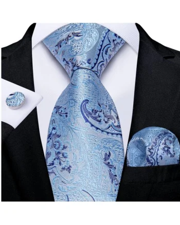 Set cravata bleu + batista + butoni - matase - model 636
