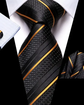 Set cravata neagra cu auriu + batista + butoni - matase - model 743