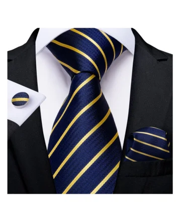 Set cravata bleumarin cu galben + batista + butoni - matase - model 130