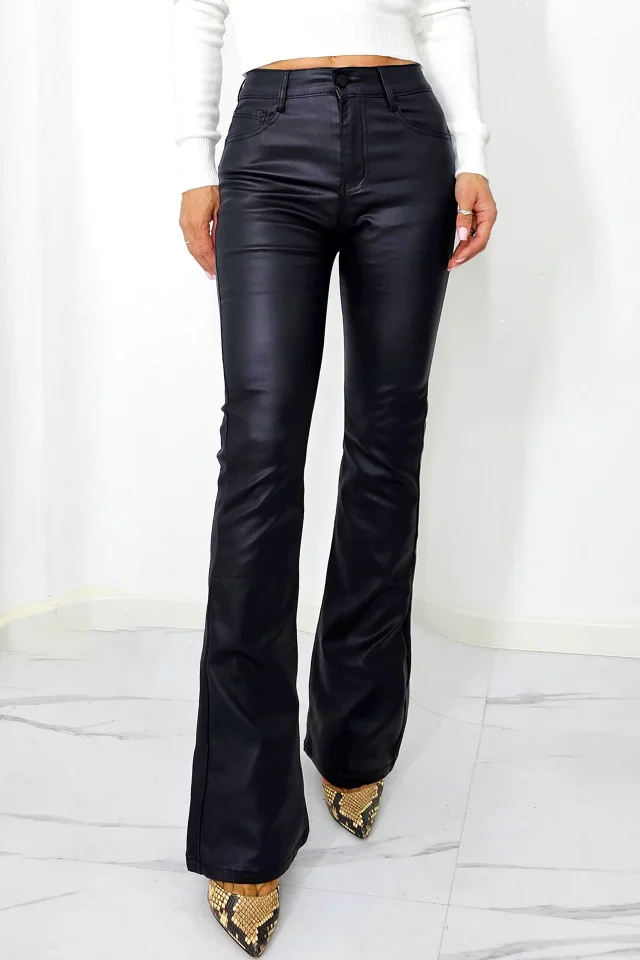 Pantaloni evazati cu push-up Roger, din piele ecologica, cu buzunare, Negru