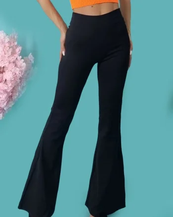Pantaloni Linda, evazati, cu talie inalta si aspect tetra, Negru