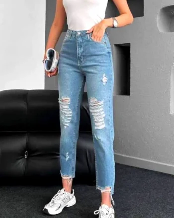 Blugi mom slimfit Mauris, cu perforatii ample pe linia piciorului, Albastru deschis