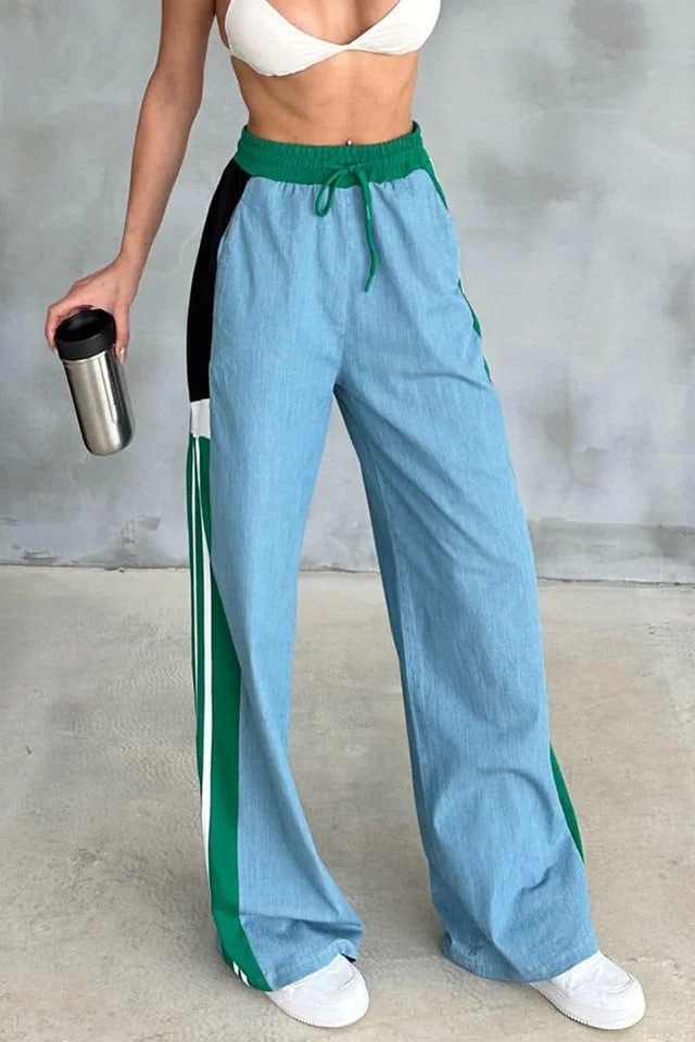 Pantaloni de trening Morelos, cu denim, snur in talie si croi large, Albastru/Verde
