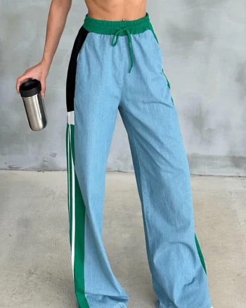 Pantaloni de trening Morelos, cu denim, snur in talie si croi large, Albastru/Verde