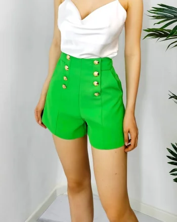 Pantaloni scurti Ysla, cu talie inalta, buzunare laterale si butoni decorativi, Verde