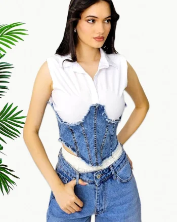 Camasa scurta MEHA, fara maneca si panou din denim, Albastru