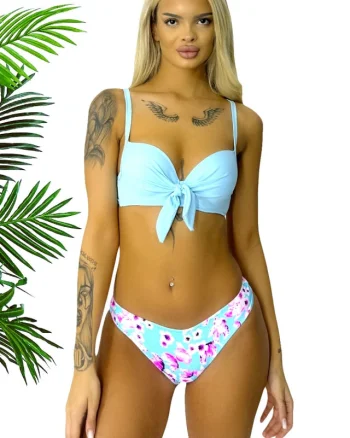 Costum de baie trei piese AiLis, slip brazilian, slip semidecupat si sutien cu push up, Turquoise