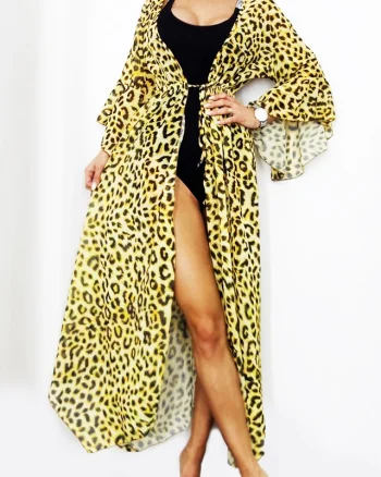 Cardigan de plaja Ether, cu maneca evazata si snur in talie, Animal print