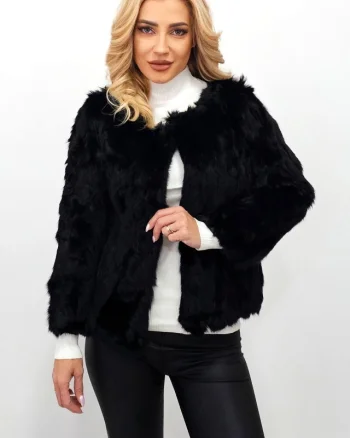 Haina de dama Lea Bliss din blana naturala de iepure, Negru, Marime S/M