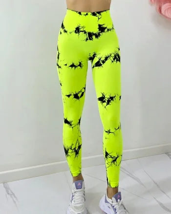 Colanti fitness cu nervuri, Kabyn, push up si banda talie, Galben Neon-Negru