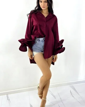 Camasa supradimensionata Sugar LoLLy, lungime asimetrica, cu volane, Bordo, Marime S/M/L