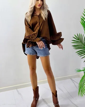 Camasa cu volane Sugar LoLLy si lungime asimetrica, Maro, Marime S/M/L