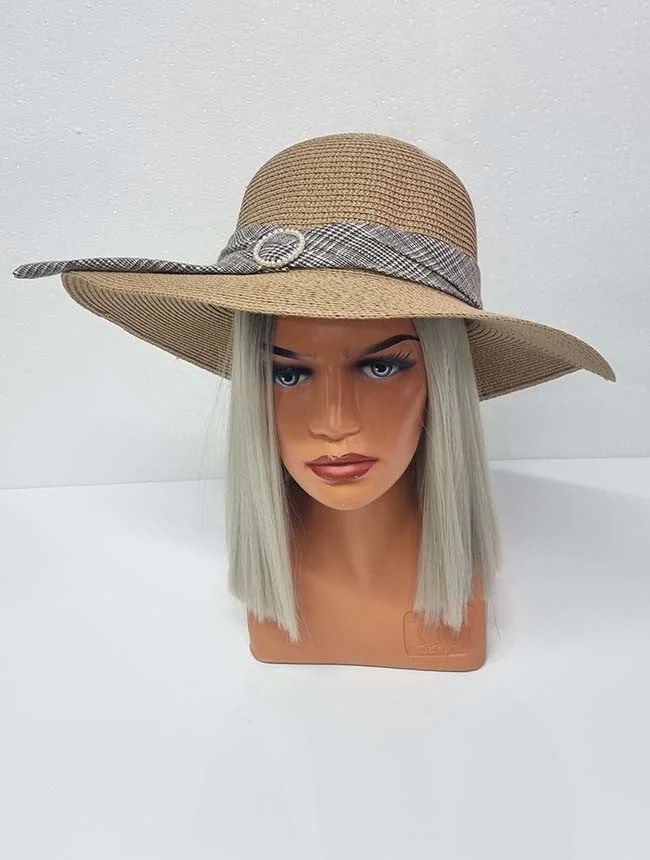 Palarie de plaja Celia cu banderola in doua culori, bej
