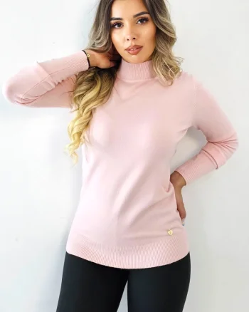 Pulover gros de dama, Rona, cu guler inalt si bumbac, Roz prafuit, Marime S/M