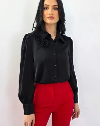 Camasa eleganta AVELA, cu brosa florala nedetasabila, Negru, Marime S/M
