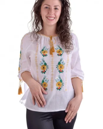 Ie traditionala alba cu motiv floral galben Ioana