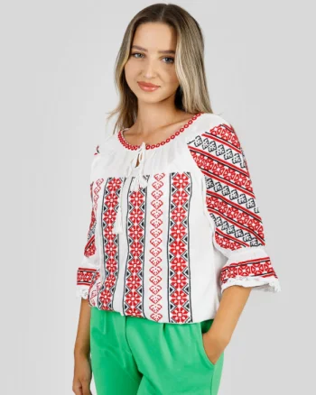 Ie traditionala alba cu motiv geometric rosu Aurora 02
