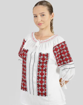 Ie traditionala alba cu motiv geometric rosu Silvia 05