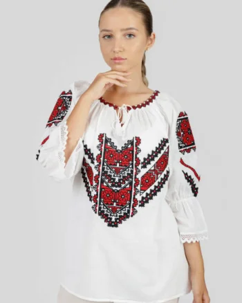 Ie traditionala alba cu motiv floral rosu Cosmina