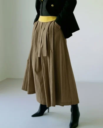 Fusta pantalon midi ampla cu talie inalta si cordon, caramel