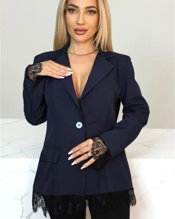 Sacou cambrat Maelis, cu dantela si cusaturi de evidentiere, Bleumarin, Marime S/M