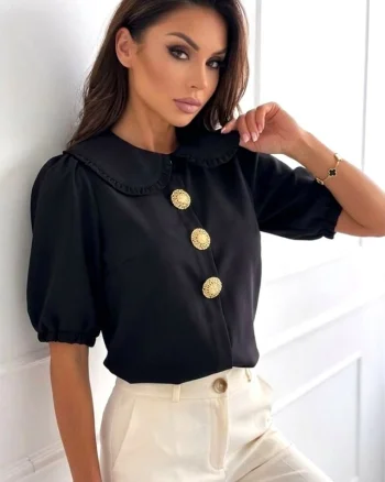 Camasa DARYA din bumbac, cu brose aurii si guler Peter Pan, Negru, Marime S/M