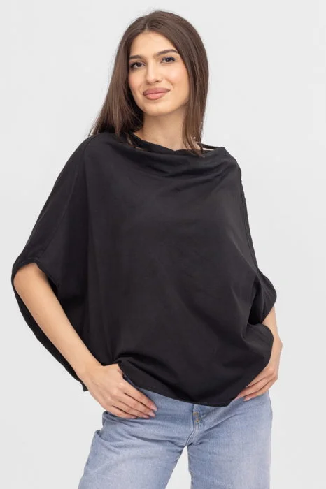 Bluza dama neagra cu croi amplu si decolteu drapat elegant, din bumbac