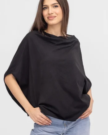 Bluza dama neagra cu croi amplu si decolteu drapat elegant, din bumbac