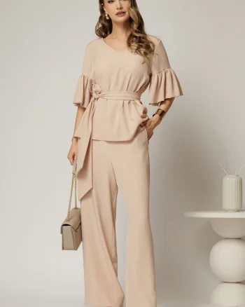 Compleu DY Fashion bej de zi din bluza si pantalon cu adaos de viscoza si croi lejer