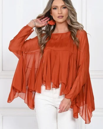 Bluza din matase naturala si vascoza cu volane tip cascada, croi lejer, caramizie