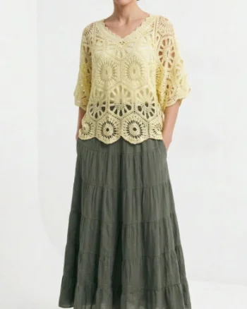 Bluza de vara cu broderie din bumbac, croi lejer, galbena
