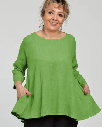 Bluza evazata cu clin la spate din in, verde