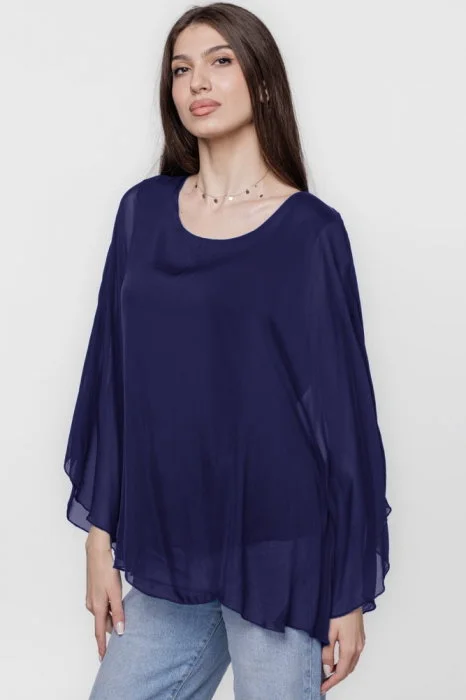 Bluza din matase si vascoza cu maneca clopot, bleumarin
