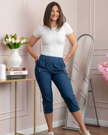 Pantaloni dama 3 4 Milly albastri tip denim cu talie elastica si buzunare