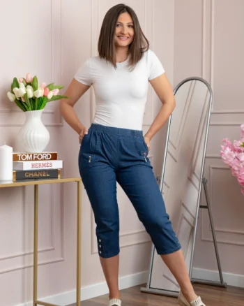 Pantaloni dama 3 4 Milly albastri tip denim cu talie elastica si buzunare