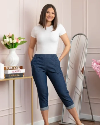 Pantaloni dama 3 4 Patty albastri tip denim cu manseta reglabila si talie elastica