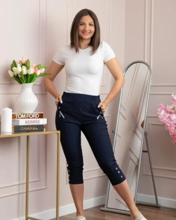 Pantaloni dama 3 4 Jenny bleumarin cu talie elastica si fermoare decorative