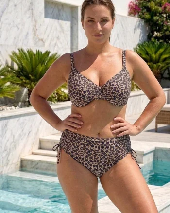 Costum de Baie Dama din Doua Piese, Bej-Negru marime mare, Talie Inalta lm082