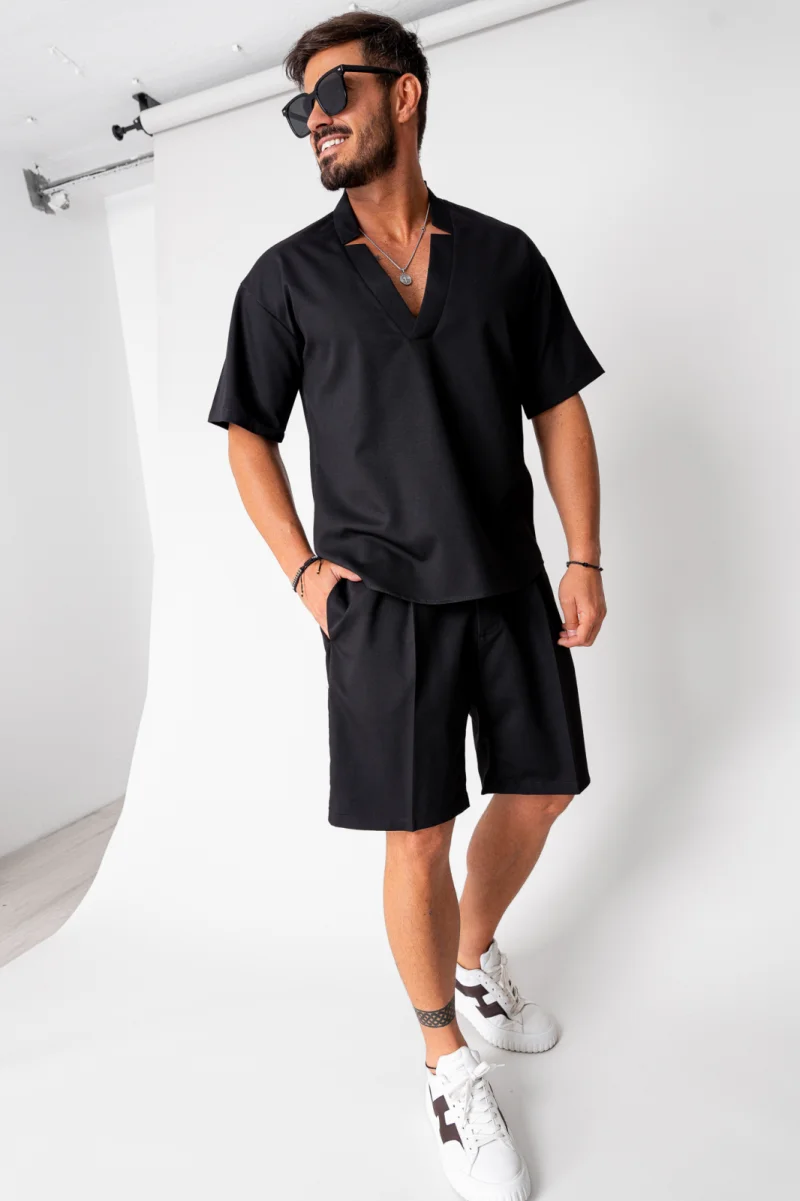 Set Como bluza V-cut si pantaloni scurti Black