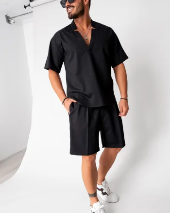Set Como bluza V-cut si pantaloni scurti Black