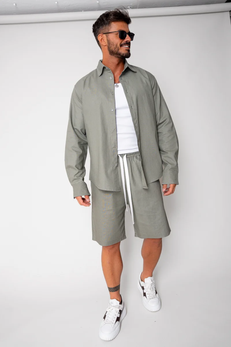 Set Lino camasa si pantalon scurt Dark Olive New