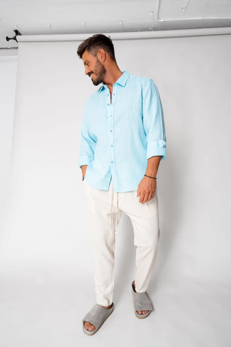 Pantaloni lung din IN cu snur usor conic Beige