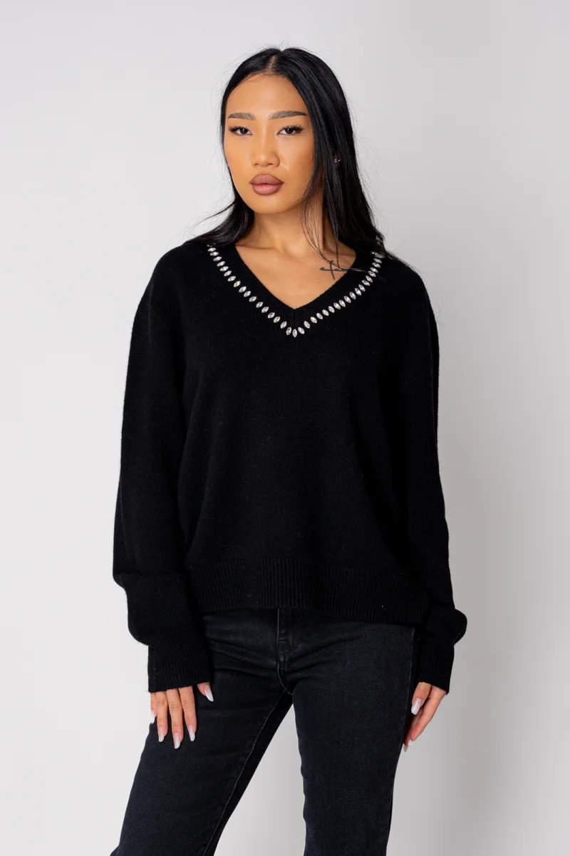 Pulover cu strasuri din lana si casmir Black