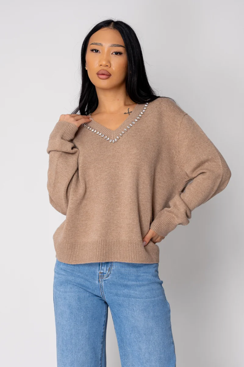 Pulover cu strasuri din lana si casmir Beige