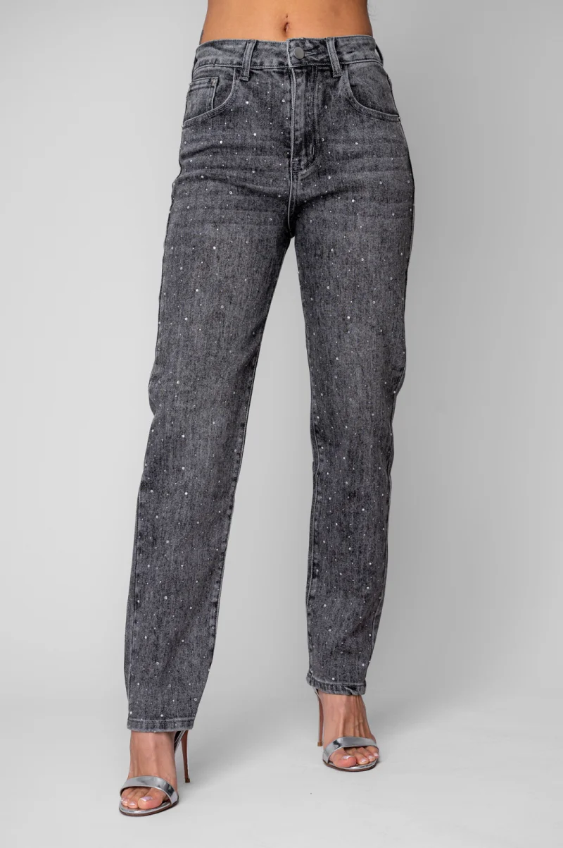 Blugi lungi cu strasuri Grey Anthracite