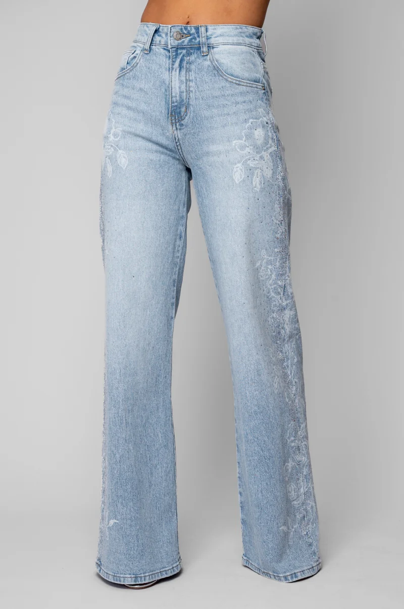 Blugi largi cu model floral si pietricele Light Blue