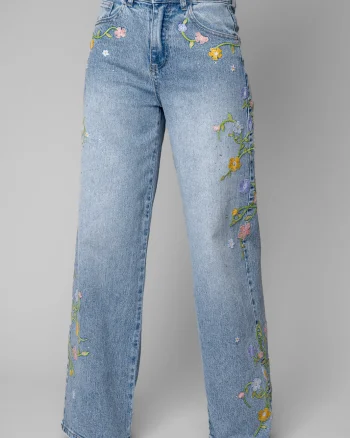 Blugi lungi elastici cu strasuri si broderie florala colorata Light Blue