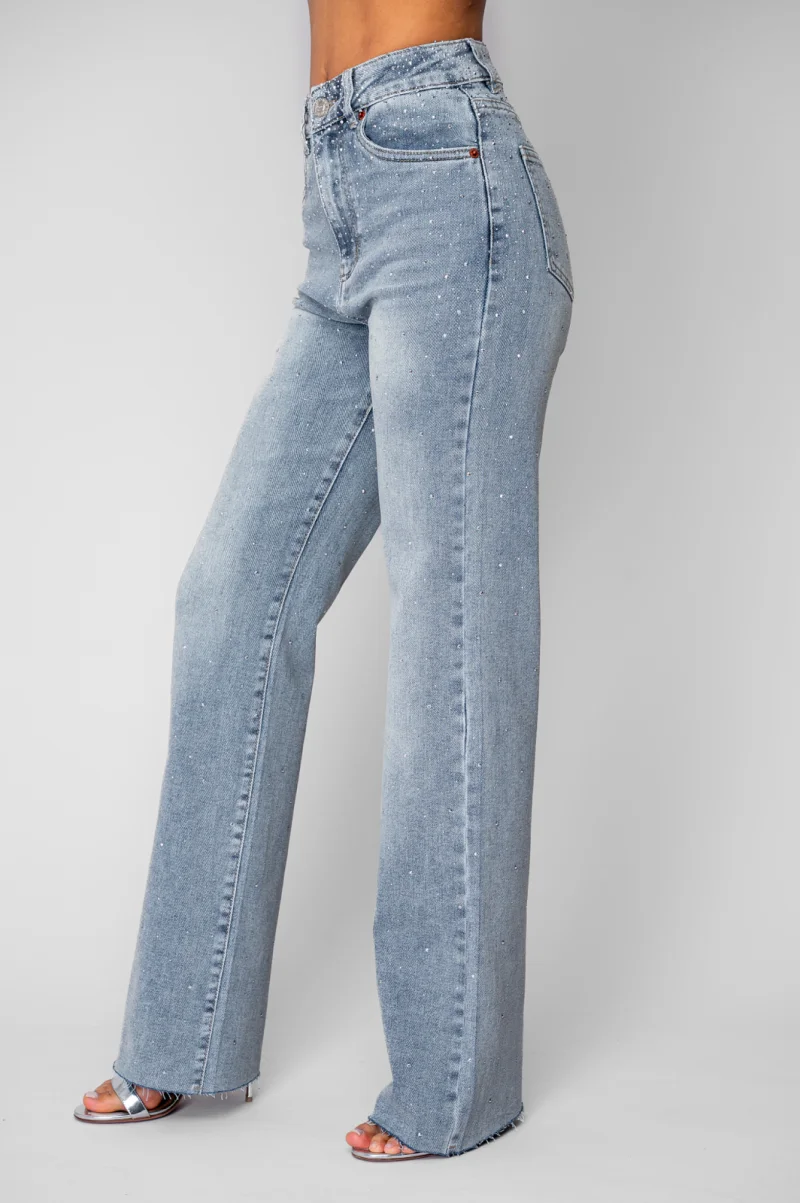 Blugi elastici largi cu strasuri Light Blue